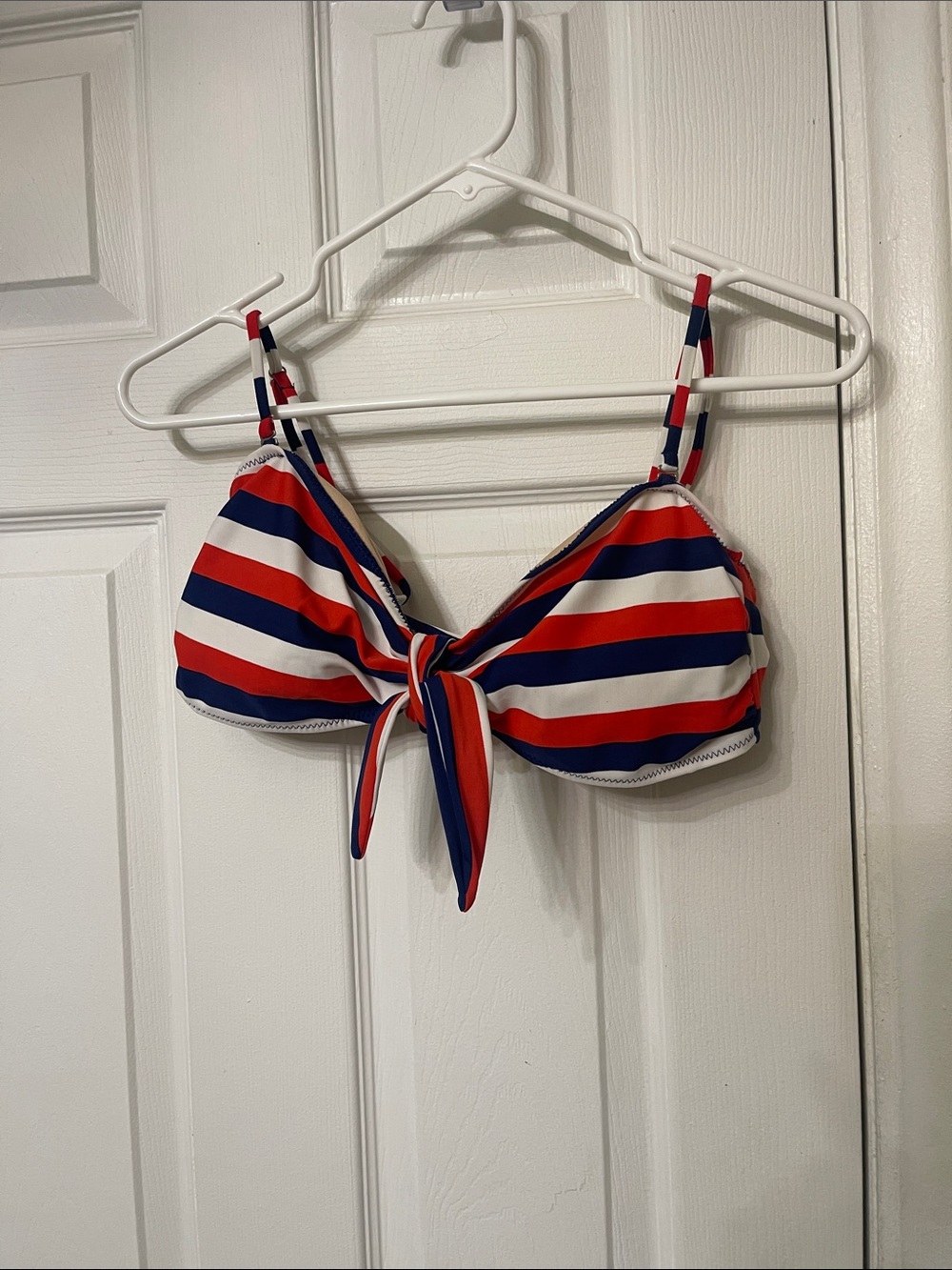 Reddish Orange, White & Blue Striped Bikini Top